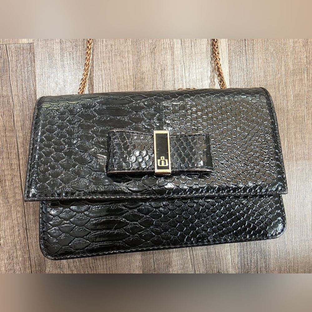 Images Vintage Black Croc Snake Embossed Flap Bag Chain Strap Classy Y2K